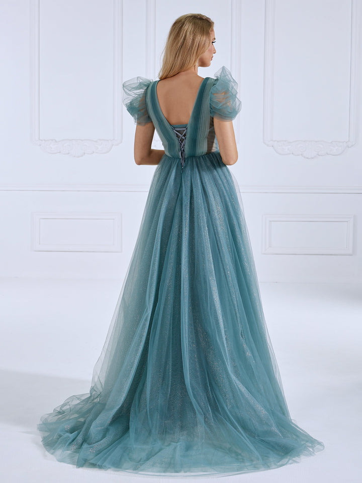 V Neck, Glitter Tulle ,Ankle Length Dress , Elegant Prom Dress