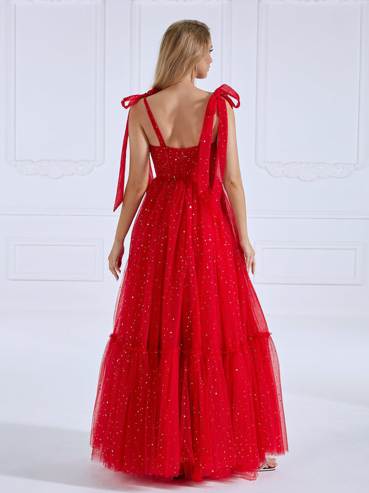 Ärmelloses Ballkleid aus Tüll mit herzförmigem Ausschnitt und Sternenmuster und Knopfdetail YW231022