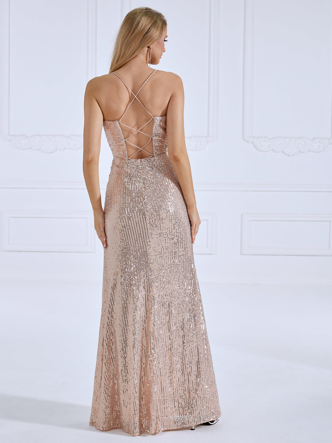 Sequin Draped-Neck, High-Slit, Prom Gown
