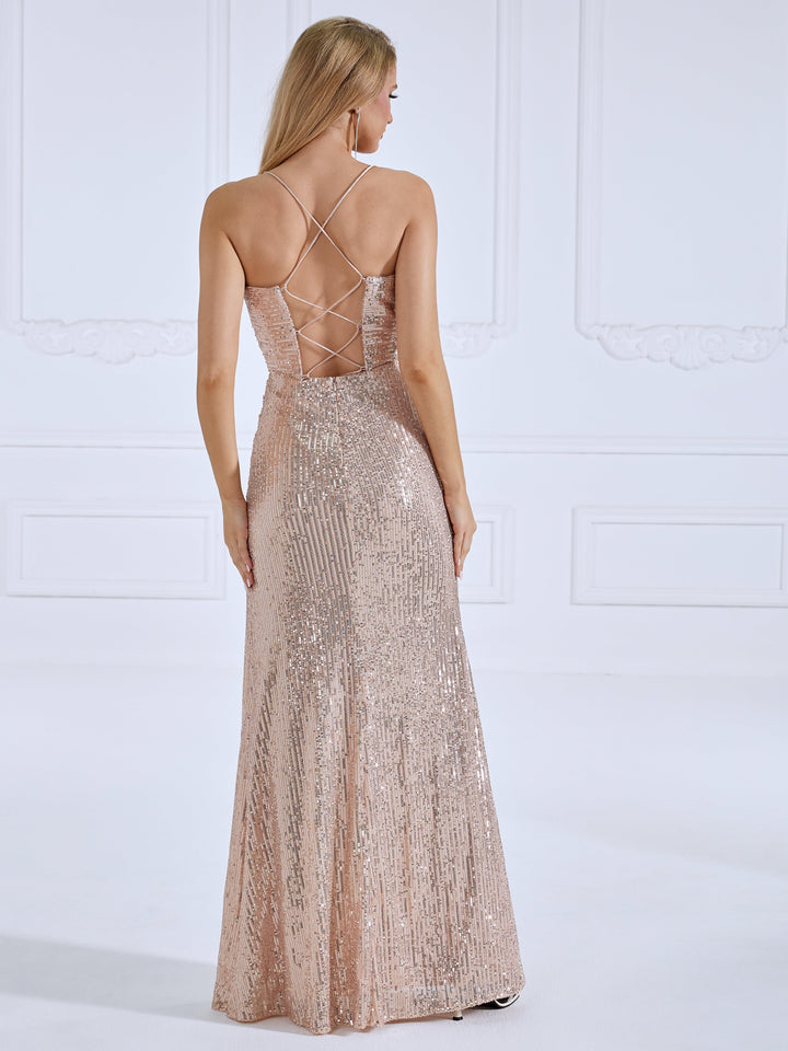 Sequin Draped-Neck, High-Slit, Prom Gown