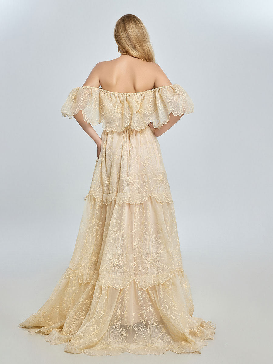 Elegantes schulterfreies Spitzen-Boho-Kleid, Fotoshooting-Kleid, böhmisches Umstandskleid, Babyparty, YW240067