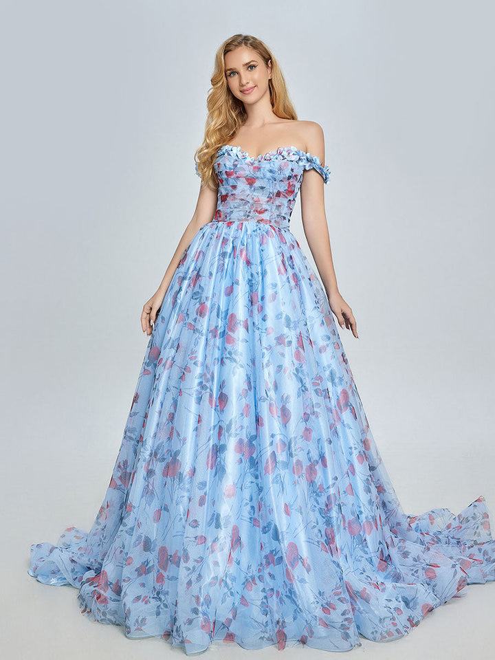 Elegantes schulterfreies Ballkleid mit Blumenmuster und Schleppe YE3023 
