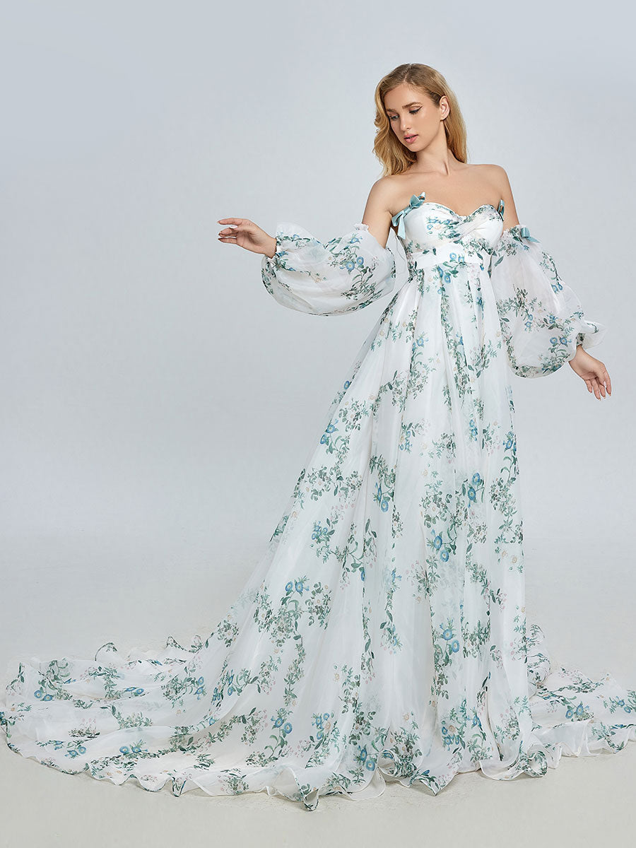 Stilvolles Langarm-Umstandskleid für die Hochzeit Boho Blumendruck Farbiges Brautkleid YW240075 