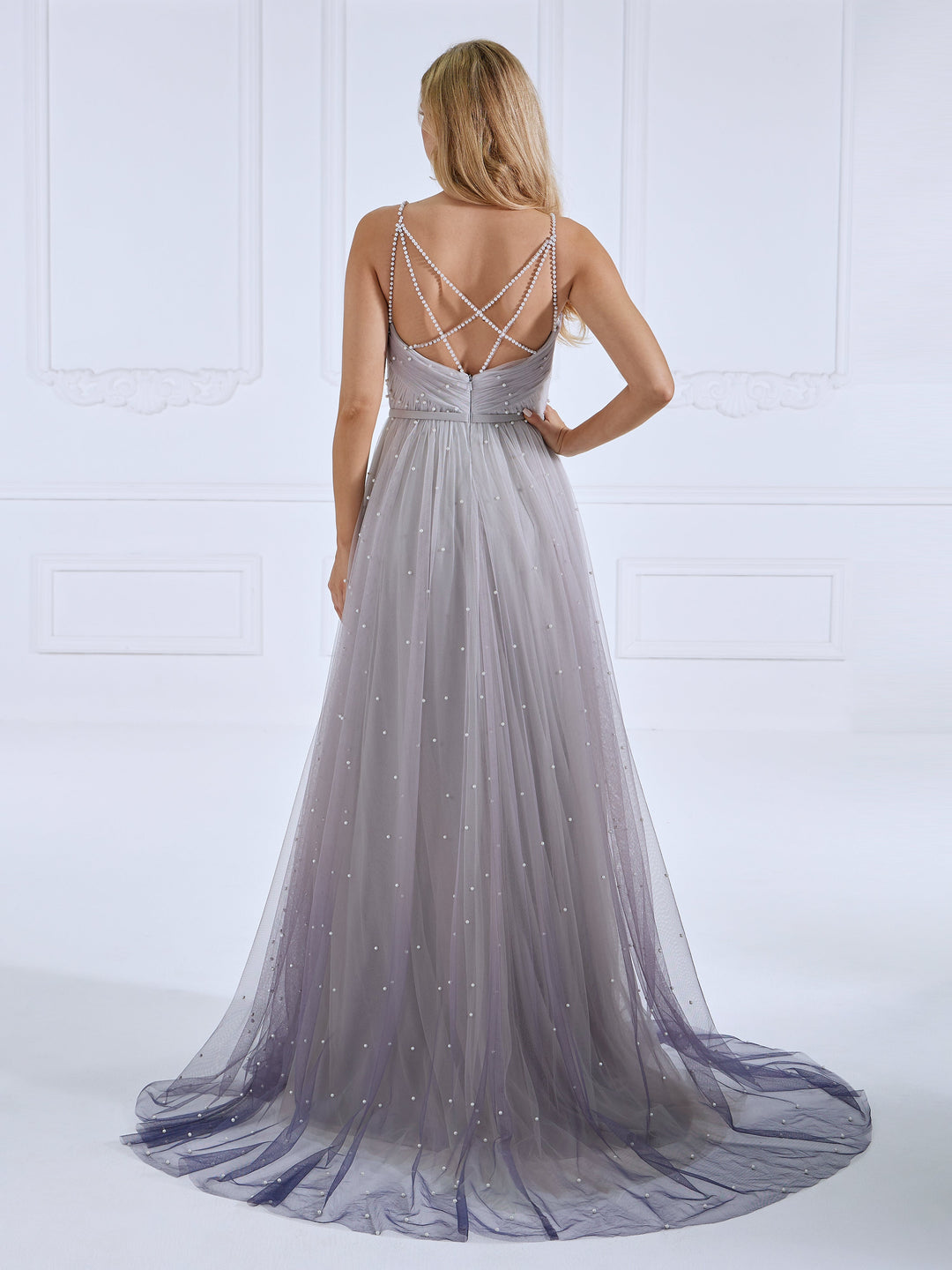Criss-Cross Pearls Evening Dress V Neck Ball Gown Photo Shoot Dress 