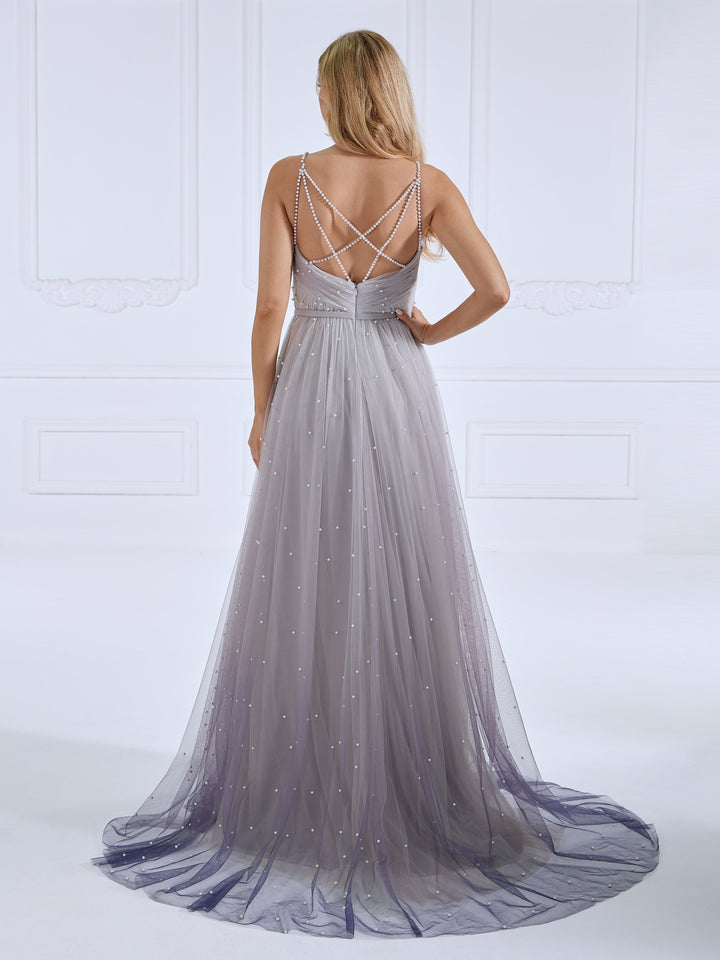 Criss-Cross Pearls Evening Dress V Neck Ball Gown Photo Shoot Dress 