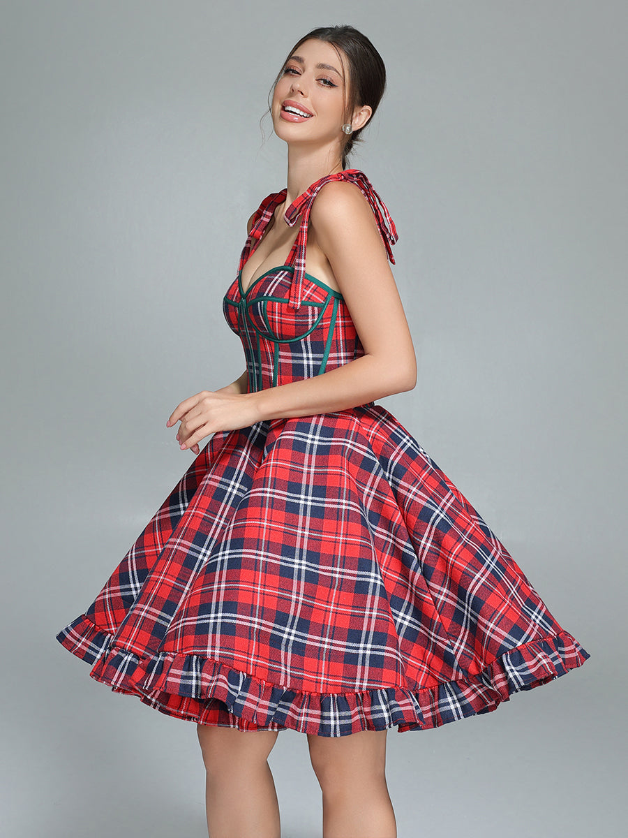 Vintage Weihnachten Plaid Kleid A-Linie Party Tartan Kleider YW243106 