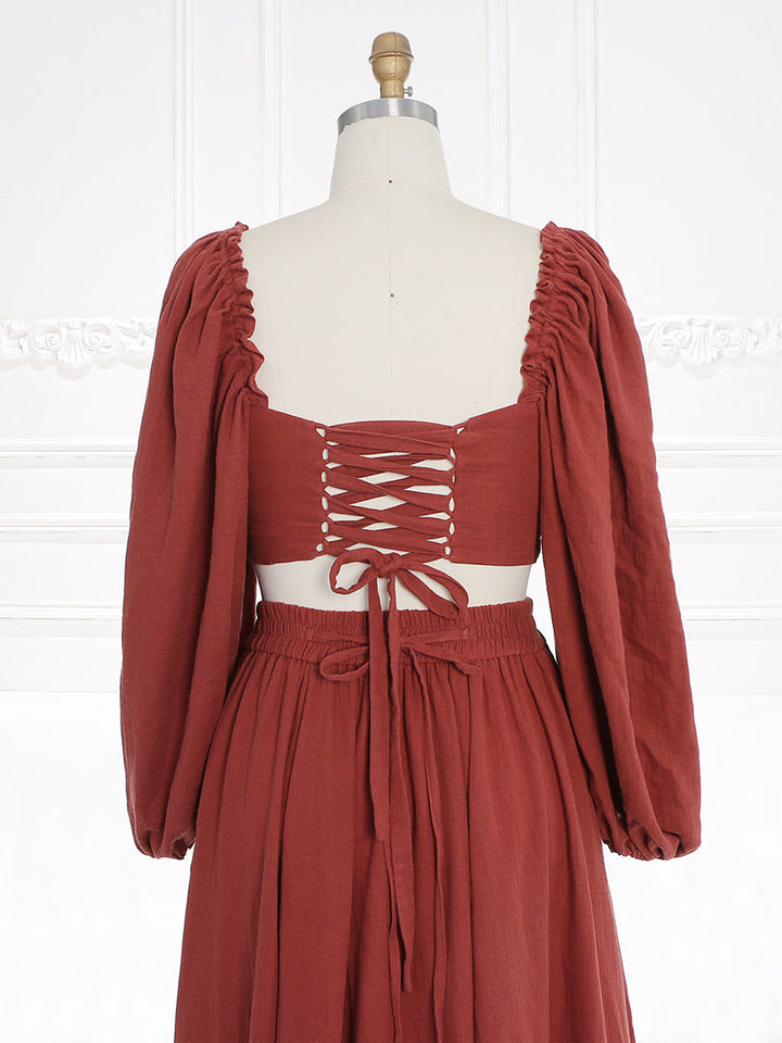 Lange Ärmel Verstellbarer Rücken Frau Baumwolle Maxikleid Fotoshooting Kleider Outfit YW231113 