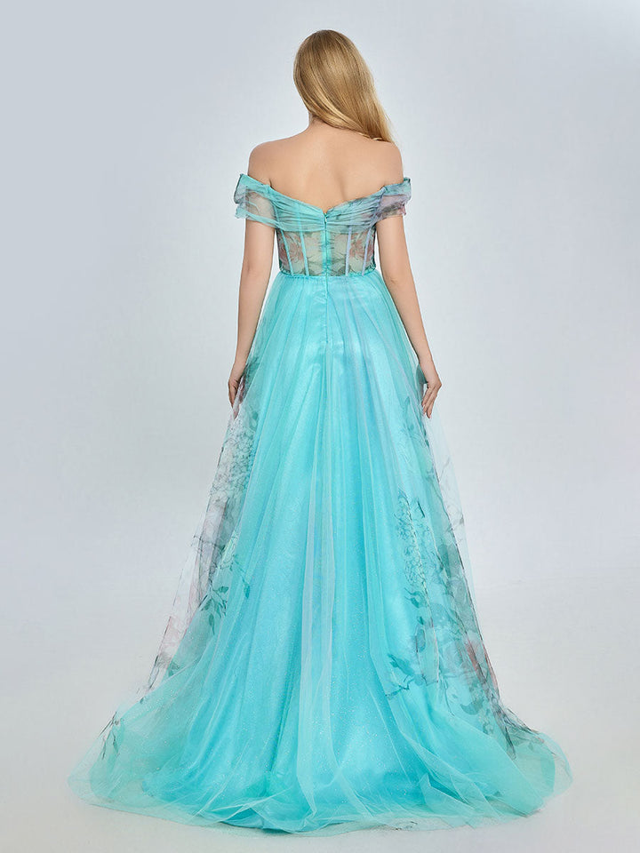 Elegantes, schulterfreies Ballkleid mit Blumenmuster in Aquamarin YE3022 