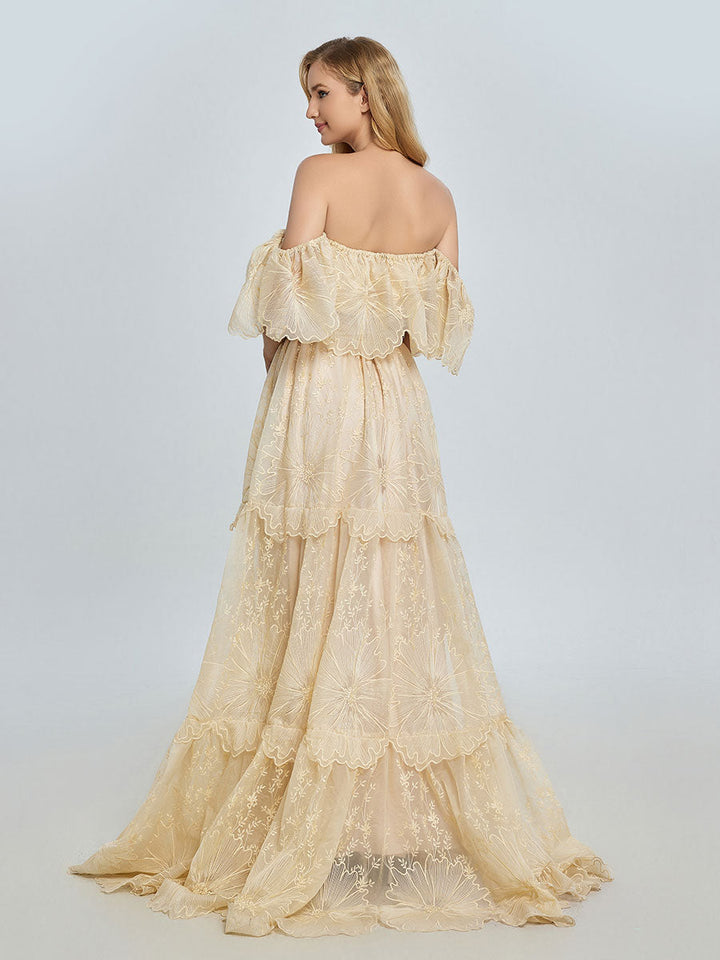 Elegantes schulterfreies Spitzen-Boho-Kleid, Fotoshooting-Kleid, böhmisches Umstandskleid, Babyparty, YW240067