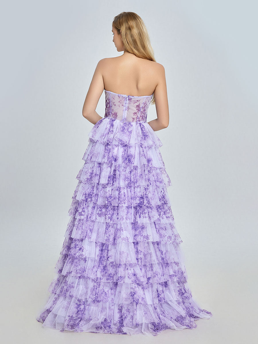 Elegantes lavendelfarbenes Stufenkleid aus mehrlagigem, bedrucktem Tüll, Ball- und Partykleid YE3024 