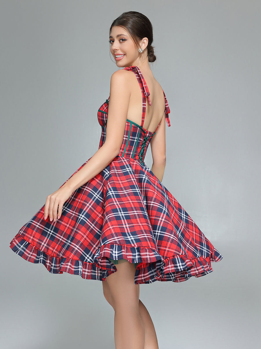 Vintage Weihnachten Plaid Kleid A-Linie Party Tartan Kleider YW243106 