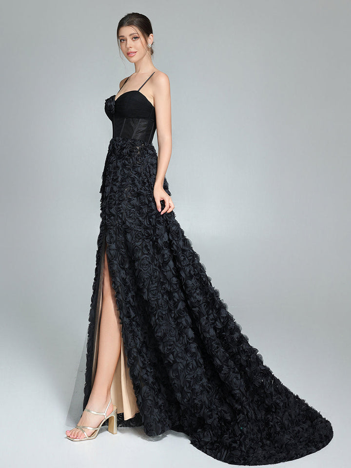 Schwarzes A-Linien-Kleid mit Korsett-Mieder, Mesh-Rosen-Abendkleid YW240043 