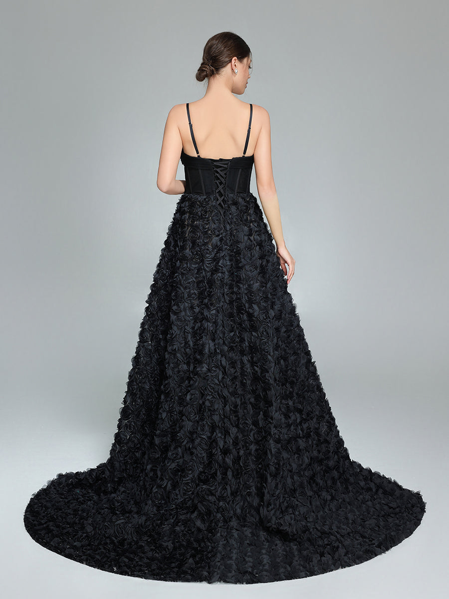Schwarzes A-Linien-Kleid mit Korsett-Mieder, Mesh-Rosen-Abendkleid YW240043 
