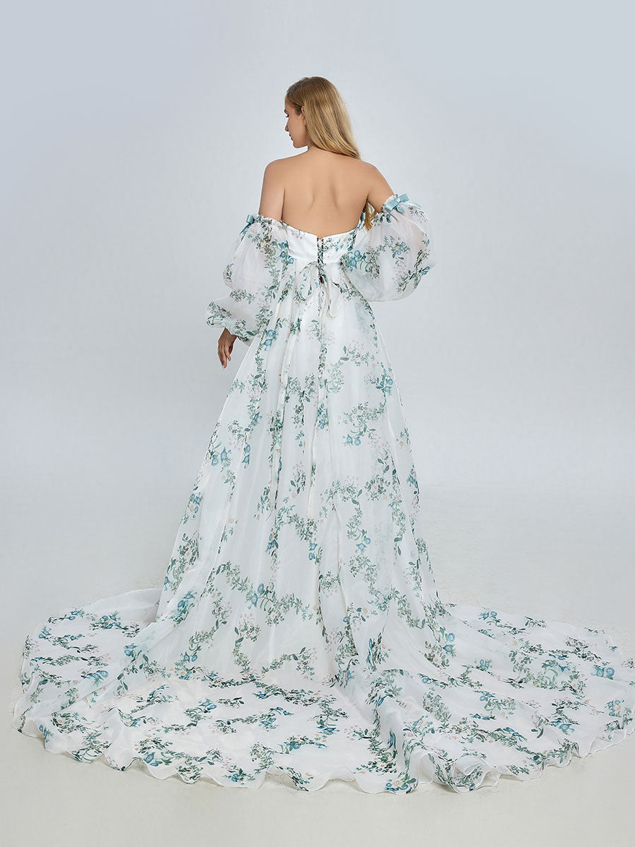 Stilvolles Langarm-Umstandskleid für die Hochzeit Boho Blumendruck Farbiges Brautkleid YW240075 