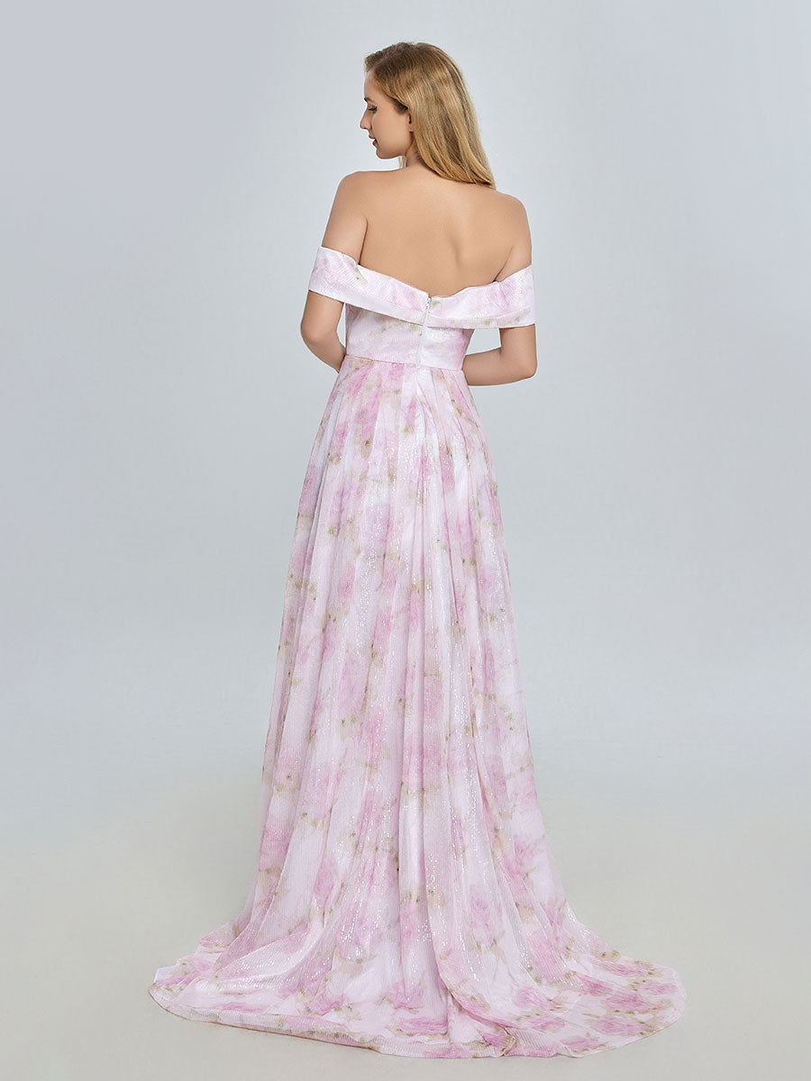 Elegantes A-Linien-Ballkleid mit schulterfreiem, rosafarbenem Print YE3019 