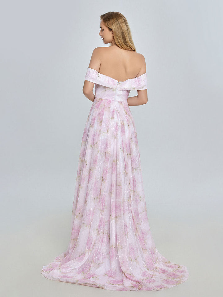 Elegantes A-Linien-Ballkleid mit schulterfreiem, rosafarbenem Print YE3019 