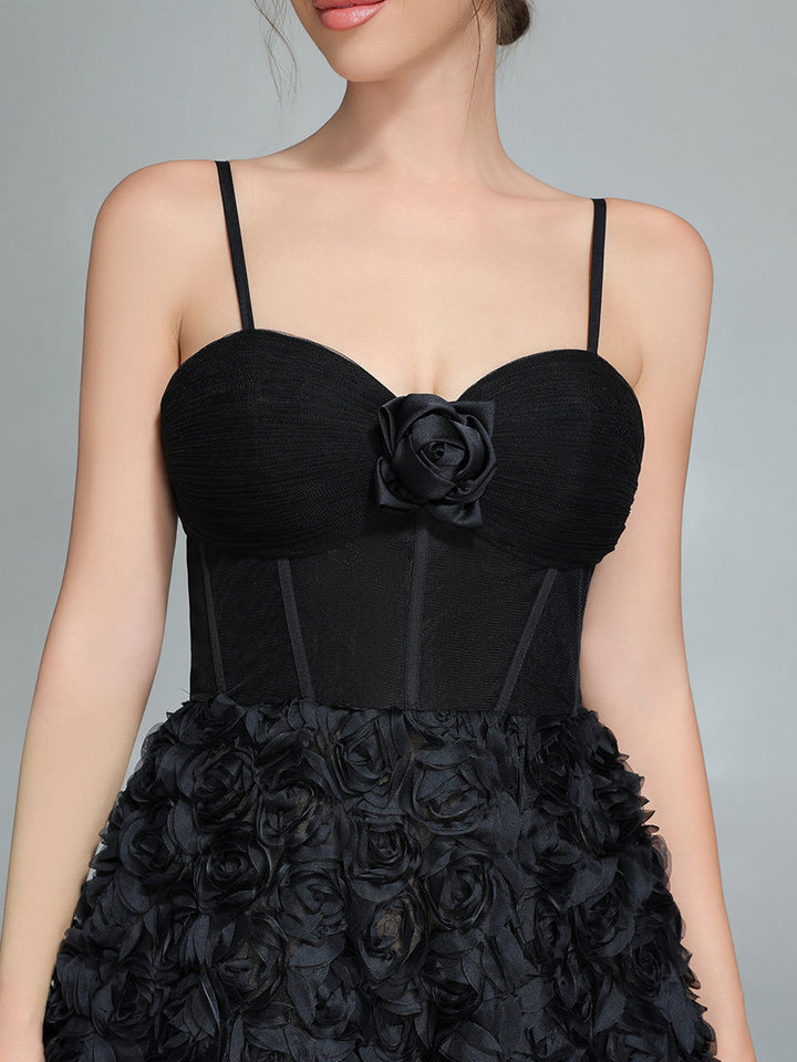 Schwarzes A-Linien-Kleid mit Korsett-Mieder, Mesh-Rosen-Abendkleid YW240043 