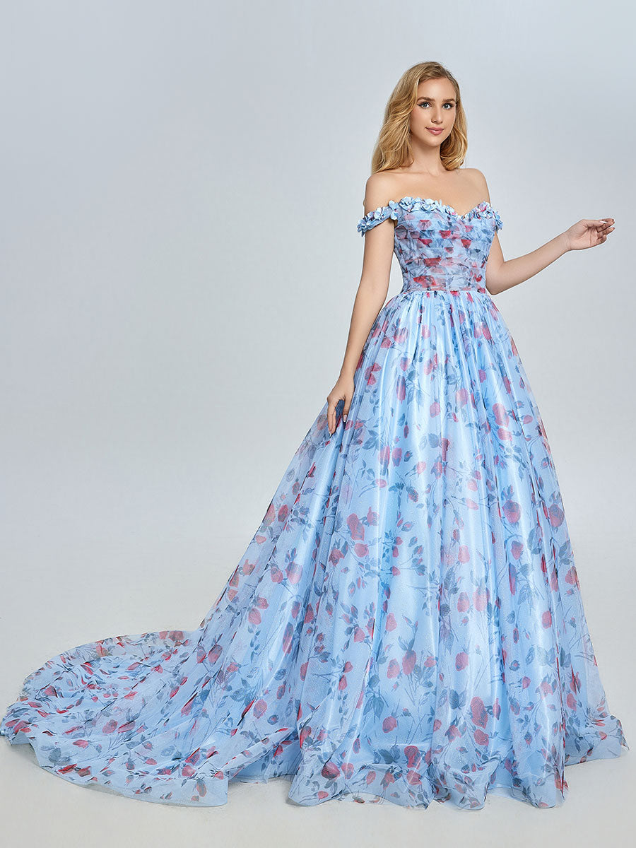 Elegantes schulterfreies Ballkleid mit Blumenmuster und Schleppe YE3023 