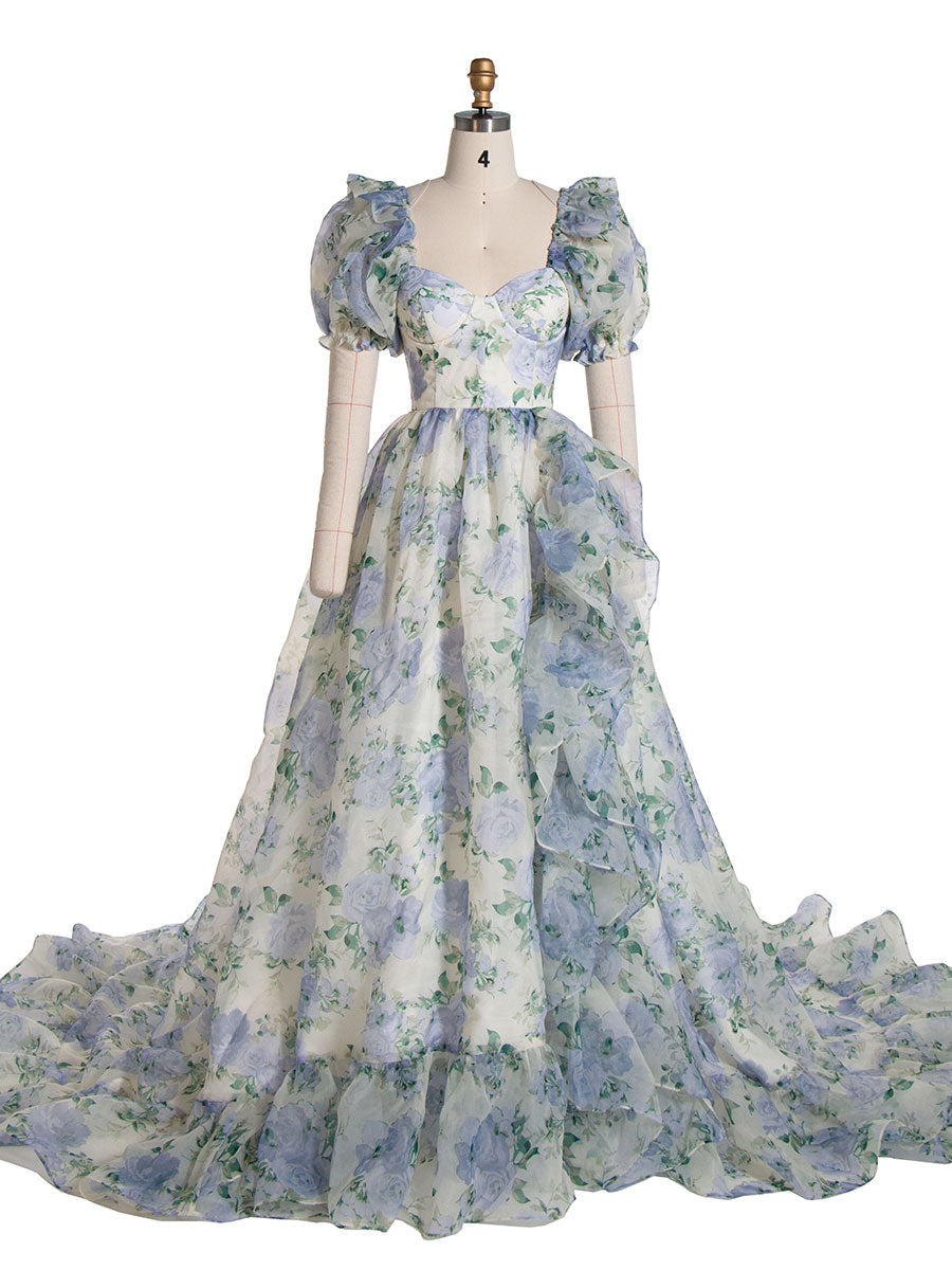 Print Floral Prom Dress Long Train Fancy Photo Shoots Gown Silk Soft Organza Maxi Dress YW231108