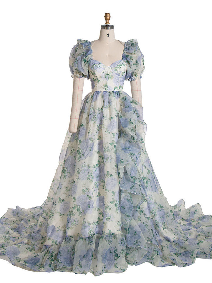 Print Floral Prom Dress Long Train Fancy Photo Shoots Gown Silk Soft Organza Maxi Dress YW231108