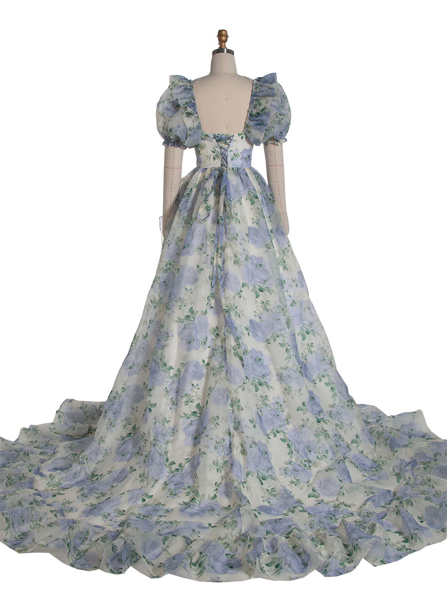 Print Floral Prom Dress Long Train Fancy Photo Shoots Gown Silk Soft Organza Maxi Dress YW231108