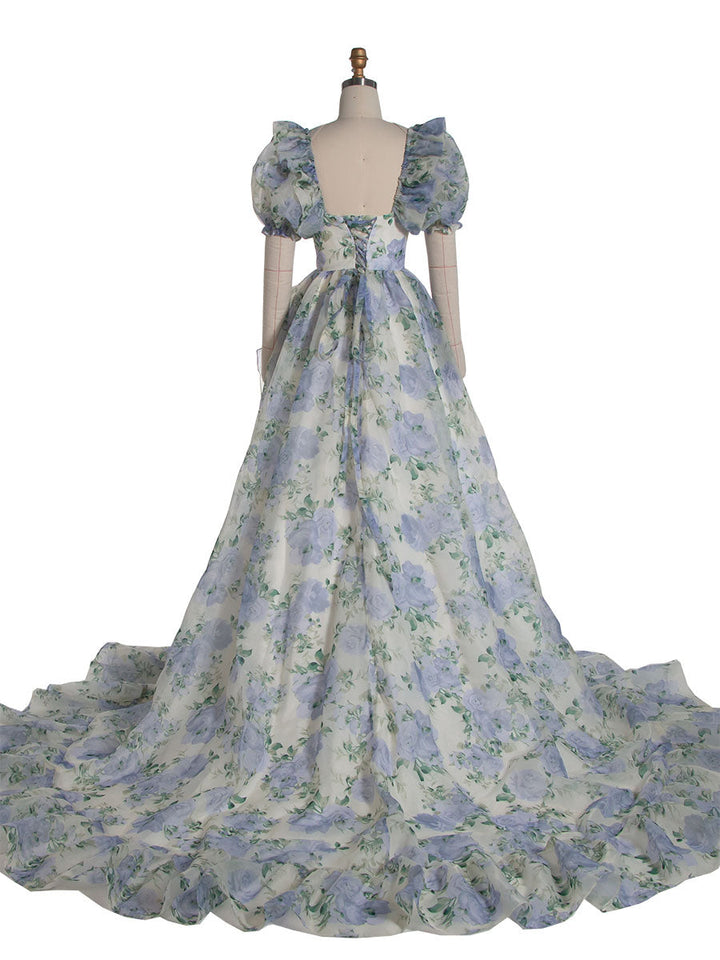 Print Floral Prom Dress Long Train Fancy Photo Shoots Gown Silk Soft Organza Maxi Dress YW231108