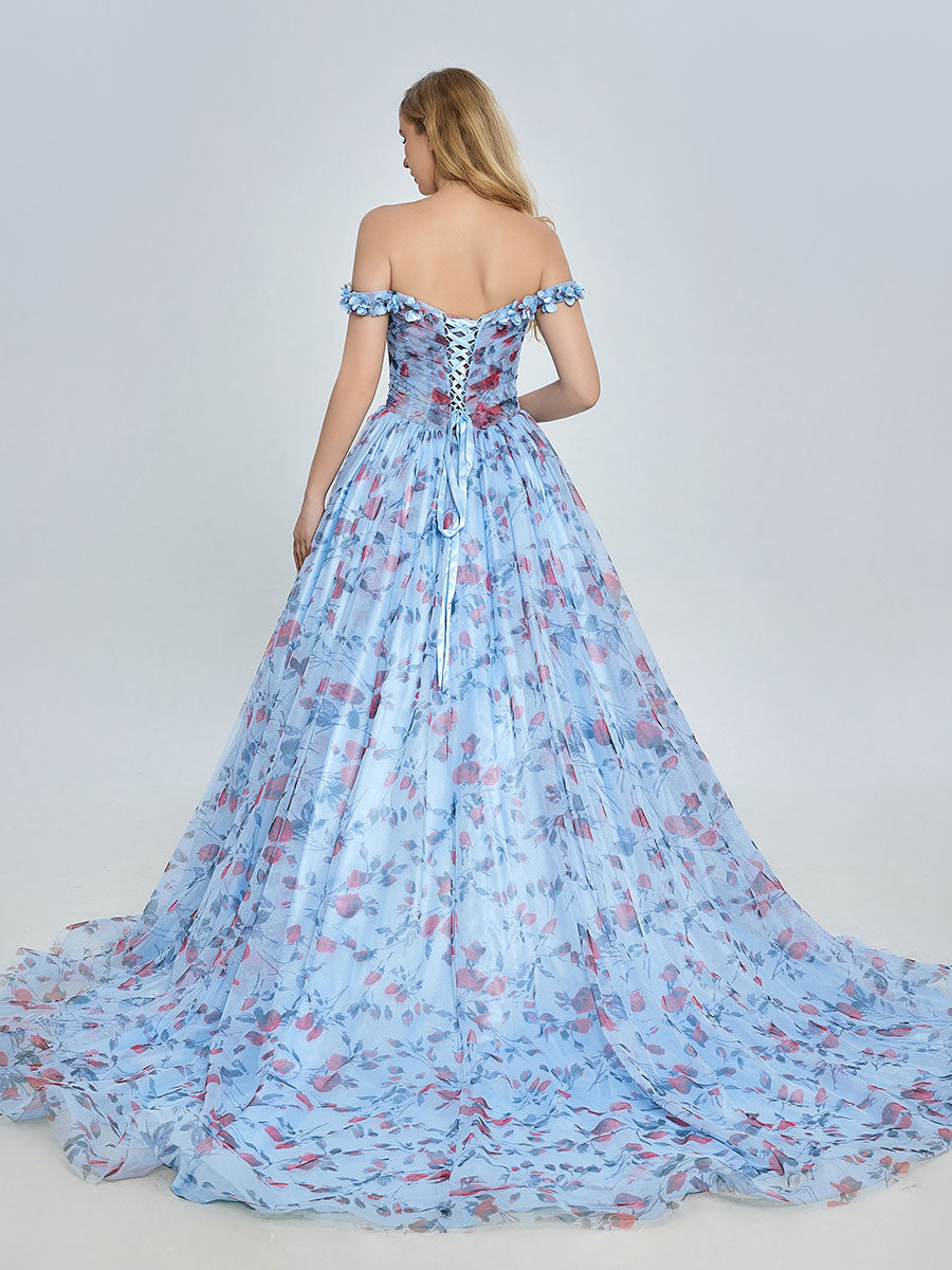 Elegantes schulterfreies Ballkleid mit Blumenmuster und Schleppe YE3023 