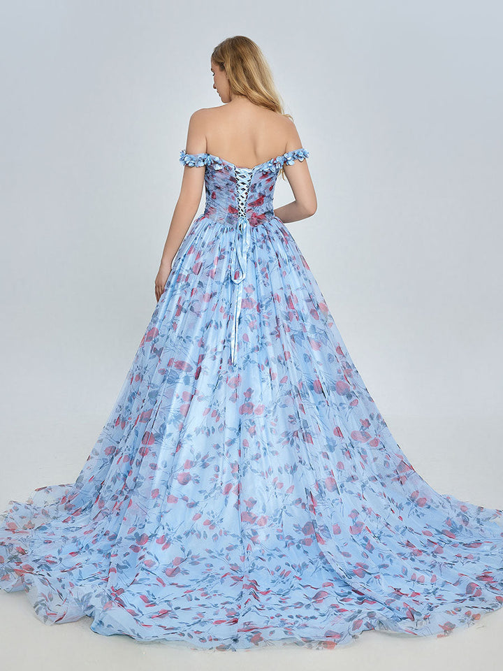 Elegantes schulterfreies Ballkleid mit Blumenmuster und Schleppe YE3023 