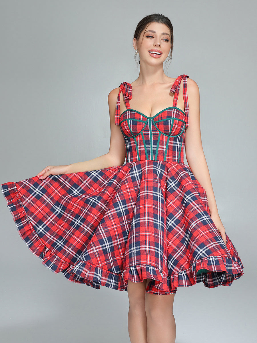 Vintage Weihnachten Plaid Kleid A-Linie Party Tartan Kleider YW243106 