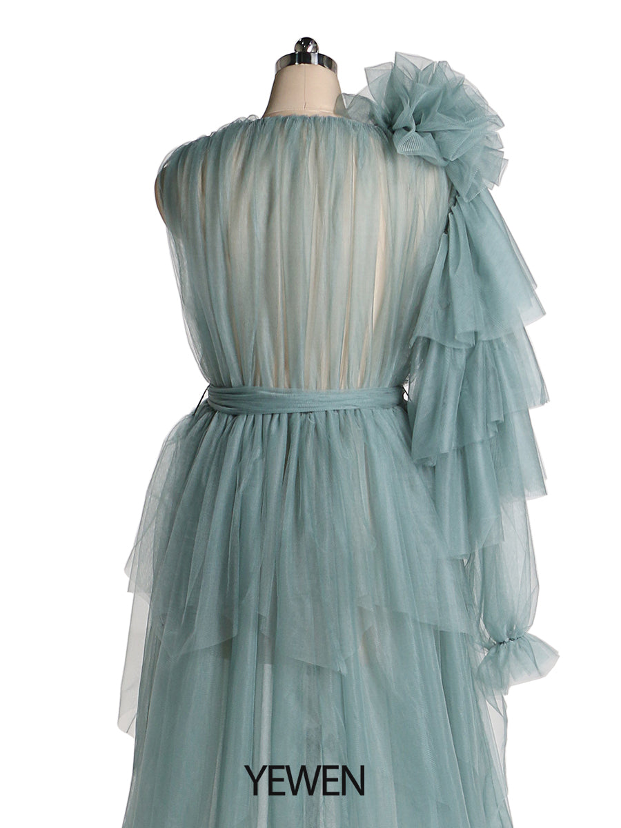 Maxi-Ballkleid mit V-Ausschnitt, Blumenmuster, eine Schulter, Umstandskleid für Babyparty 