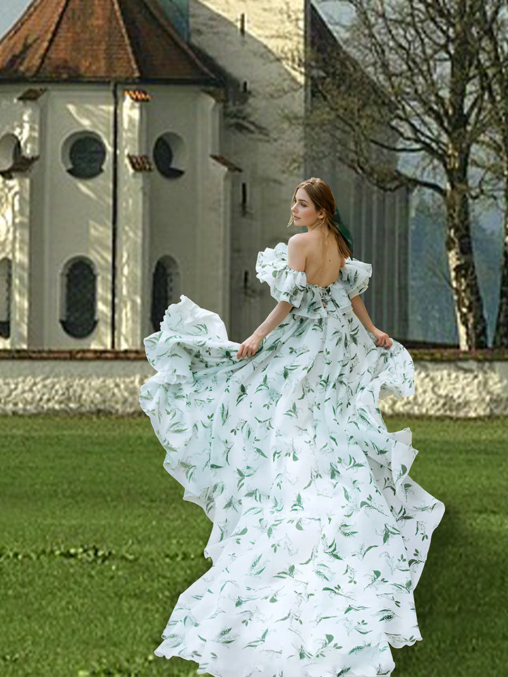 Schulterfreies Brautkleid mit Blumenmuster und Schlitz, langer Schleppe, ausgefallenes Kleid für Fotoshootings 