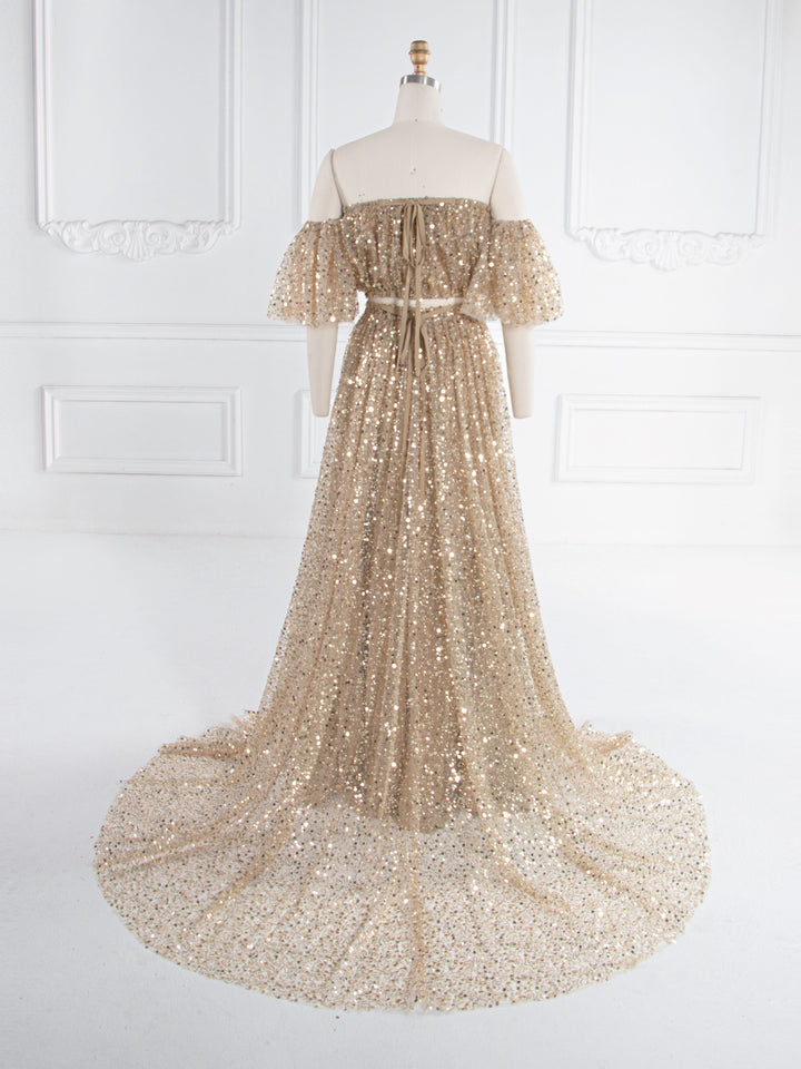 2-teiliges Set, goldene Pailletten mit Perlen, Boho-Umstandskleid für Fotoshooting, Schwangerschaftsfotografie, Babyparty-Kleid, YW243162 