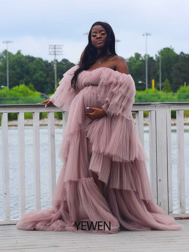 Sexy schulterfreies Umstandskleid mit Rüschen und Schnürung, Abendkleid für Fotoshootings, YW2051 