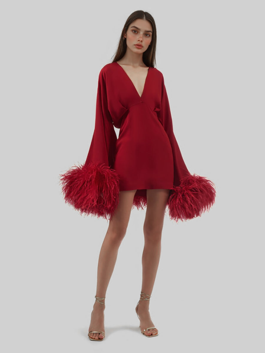 Damen Sexy Doppelter tiefer V-Ausschnitt Lange Ärmel Mit Federn Minikleid Gatsby Cocktail Club Party Kleider 