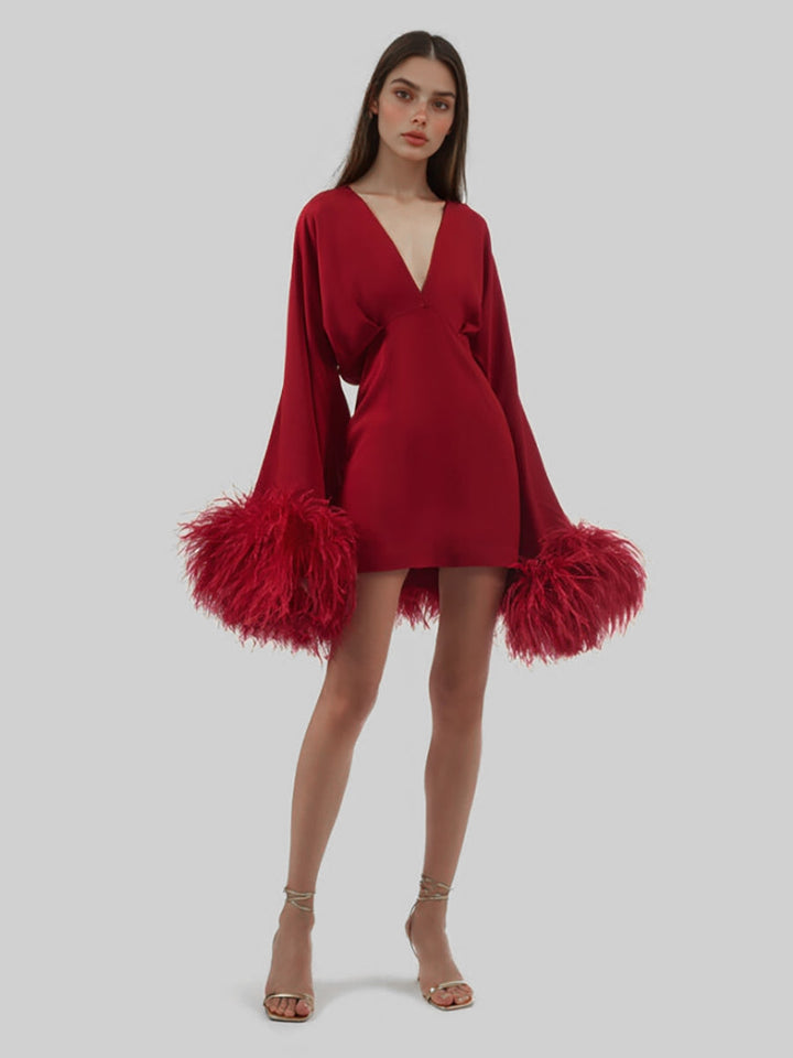 Damen Sexy Doppelter tiefer V-Ausschnitt Lange Ärmel Mit Federn Minikleid Gatsby Cocktail Club Party Kleider 