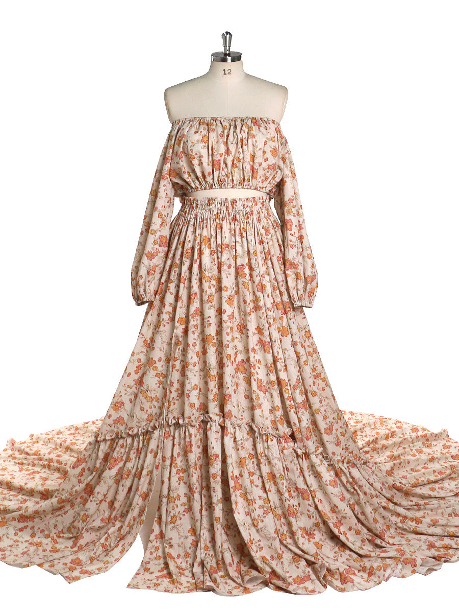 Elegantes 2-teiliges Set mit Blumendruck, Baumwollstoff, Maxikleider für Damen, Fotografie-Requisiten YD21812-1