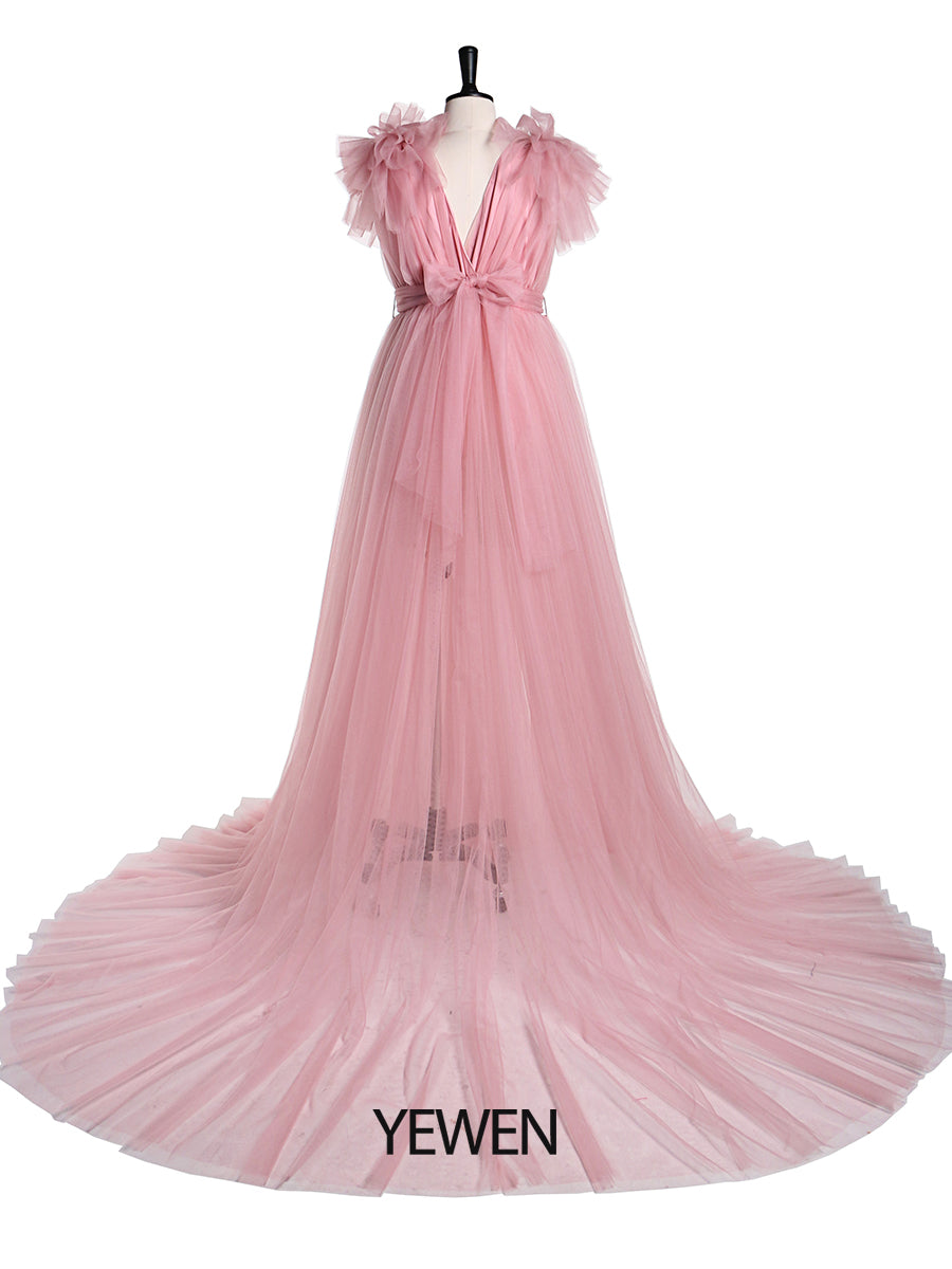 Umstandskleid für Fotoshootings, Bauchschlitz vorne, Schulterrüschen, Fotografie-Maxikleid, Babyparty-Kleid YD217051 