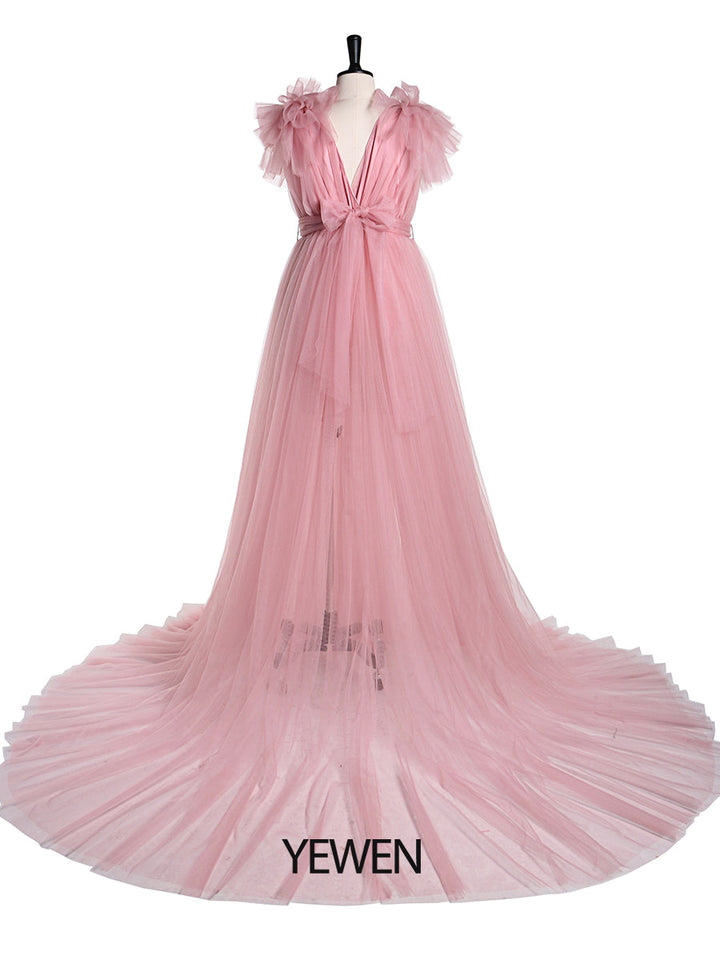 Umstandskleid für Fotoshootings, Bauchschlitz vorne, Schulterrüschen, Fotografie-Maxikleid, Babyparty-Kleid YD217051 