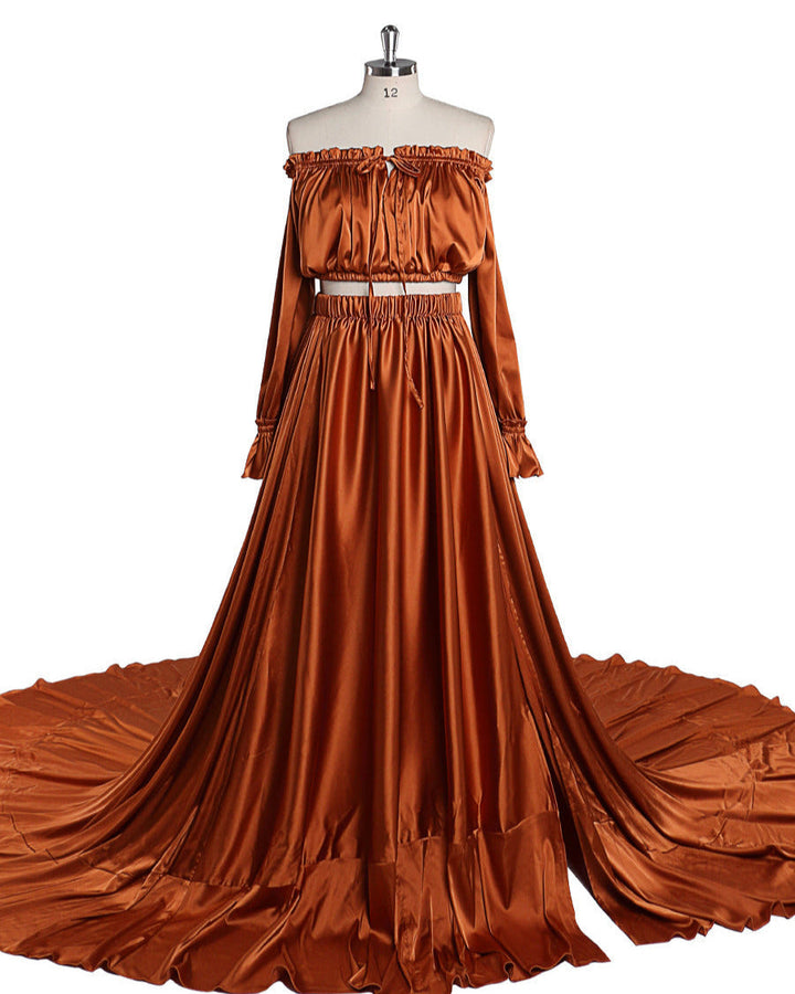 Weiches schulterfreies Satin-Umstands-/Nicht-Umstandskleid für Fotoshootings, Fotokleider mit Seitenschlitz, ausgefallene Foto-Requisiten, YEWEN YD21801-1