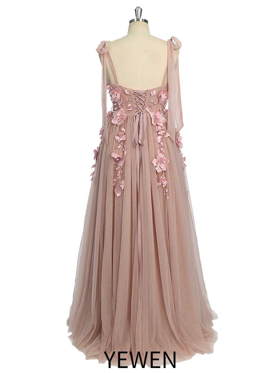 Neues Tüll-Korsettkleid mit 3D-Blumen und Seitenschlitz, für Fotoshootings, Abschlussball-Partykleider, YW231014