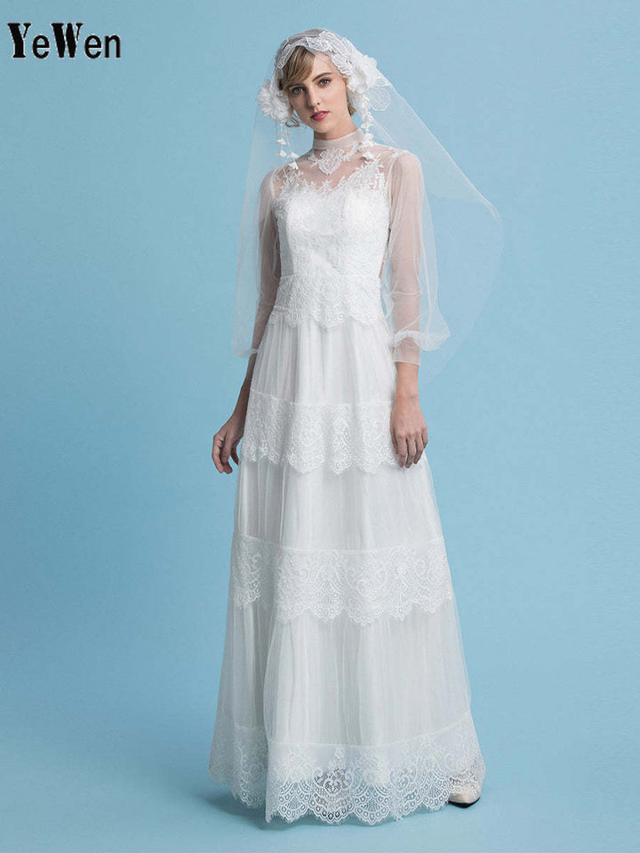 A-Linie Bohemian Brautkleider Hoher Hals Bodenlang Tüll Spitze Strand Boho Illusion mit langen Ärmeln