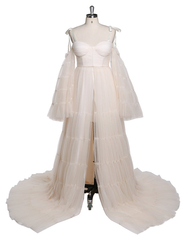 Plissiertes Umstandskleid aus Tüll für Fotoshootings, große ausgestellte Ärmel, Fotoshooting-Kleid für Damen, YW21025
