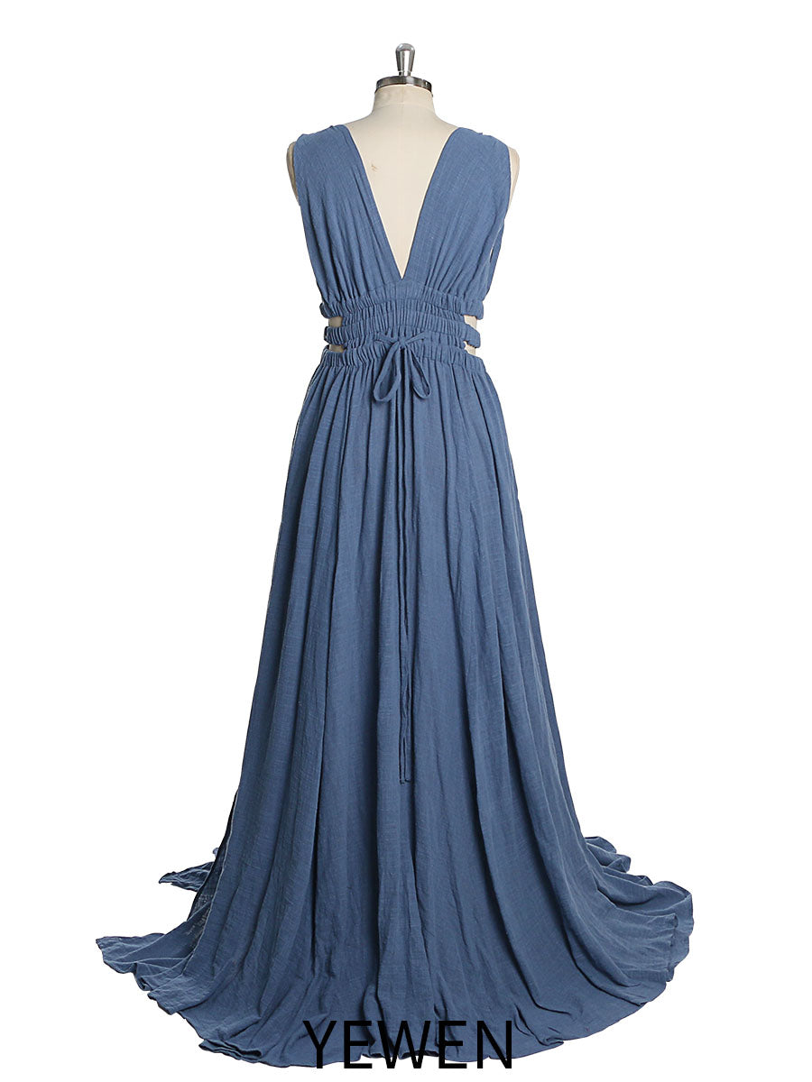 V-Ausschnitt Kleid mit elastischer Taille und Seitenschlitz für Fotoshootings, YW221118