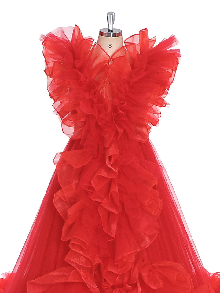 Long Train Ruffles, Tulle Red Wedding Dress, Photo Shoot Dress