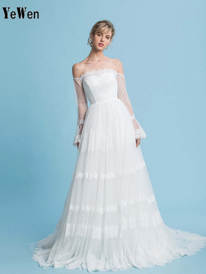 Off the Shoulder Romantisches Bohemian Brautkleid Lange Ärmel Strandhochzeit Brautkleid 