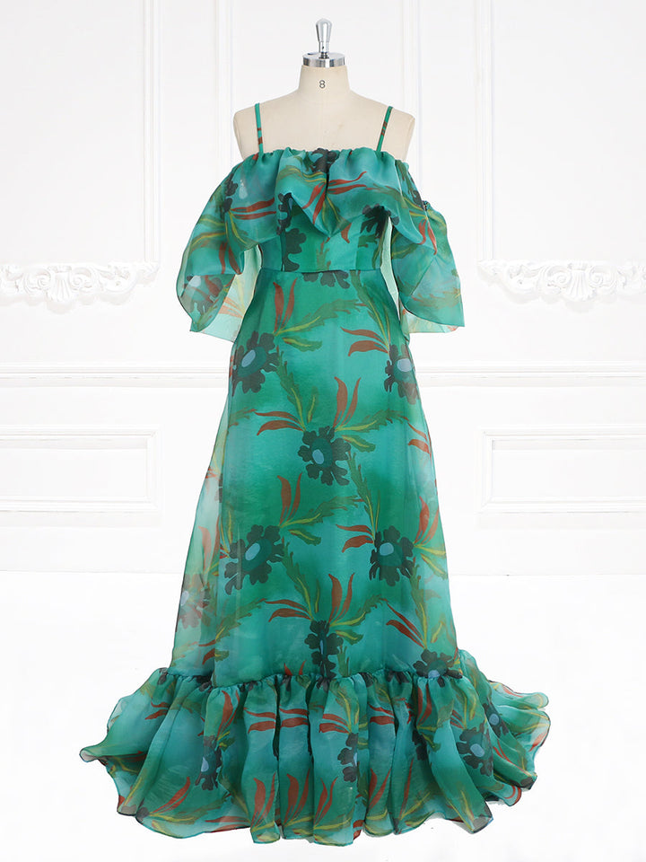 Grünes schulterfreies Maxikleid mit Blumenmuster und Spaghettiträgern, Ball- und Partykleider YW231124 
