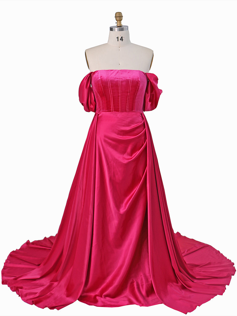 Short Sleeves, Off Shoulder ,Flowy Satin ,Prom Dress,  Photoshoot Dress