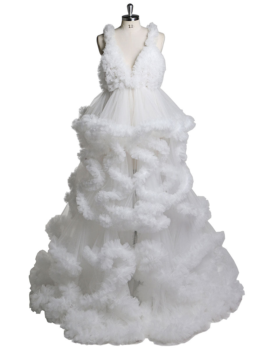 Tiefer V-Ausschnitt, Tüll, volle Rüschen, rückenfreies Wolkenkleid, Umstandskleid für Fotoshooting