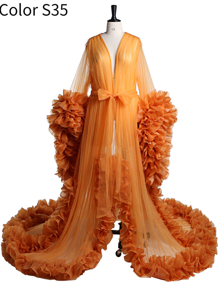 Sexy Abendkleid Langarm Damen V-Ausschnitt Rüschen Ballkleid