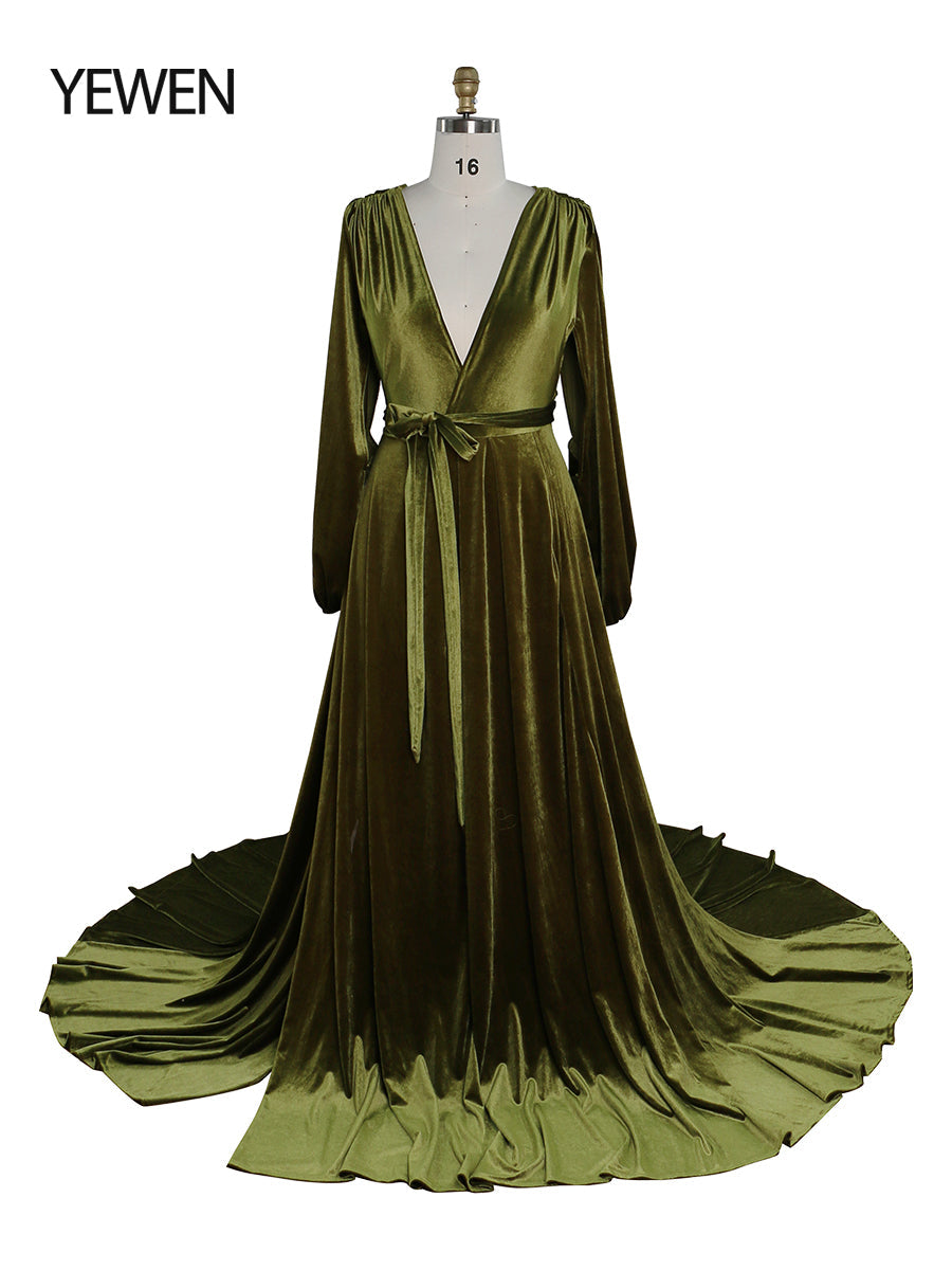 Schwarzes Abendkleid aus Samt mit V-Ausschnitt, langen Ärmeln, Stretch-Taille, seitlichem Schlitz, Fotoshooting-Kleid, Umstandskleider YD211012 